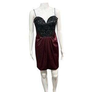 Mignon Beaded Cocktail Dress Burgundy Black Satin Tulip Hem VM-408 Size 8